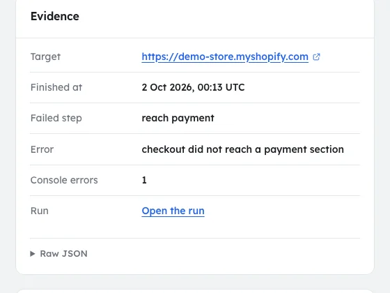 The evidence of a finding: the failed step, the error, and a screenshot